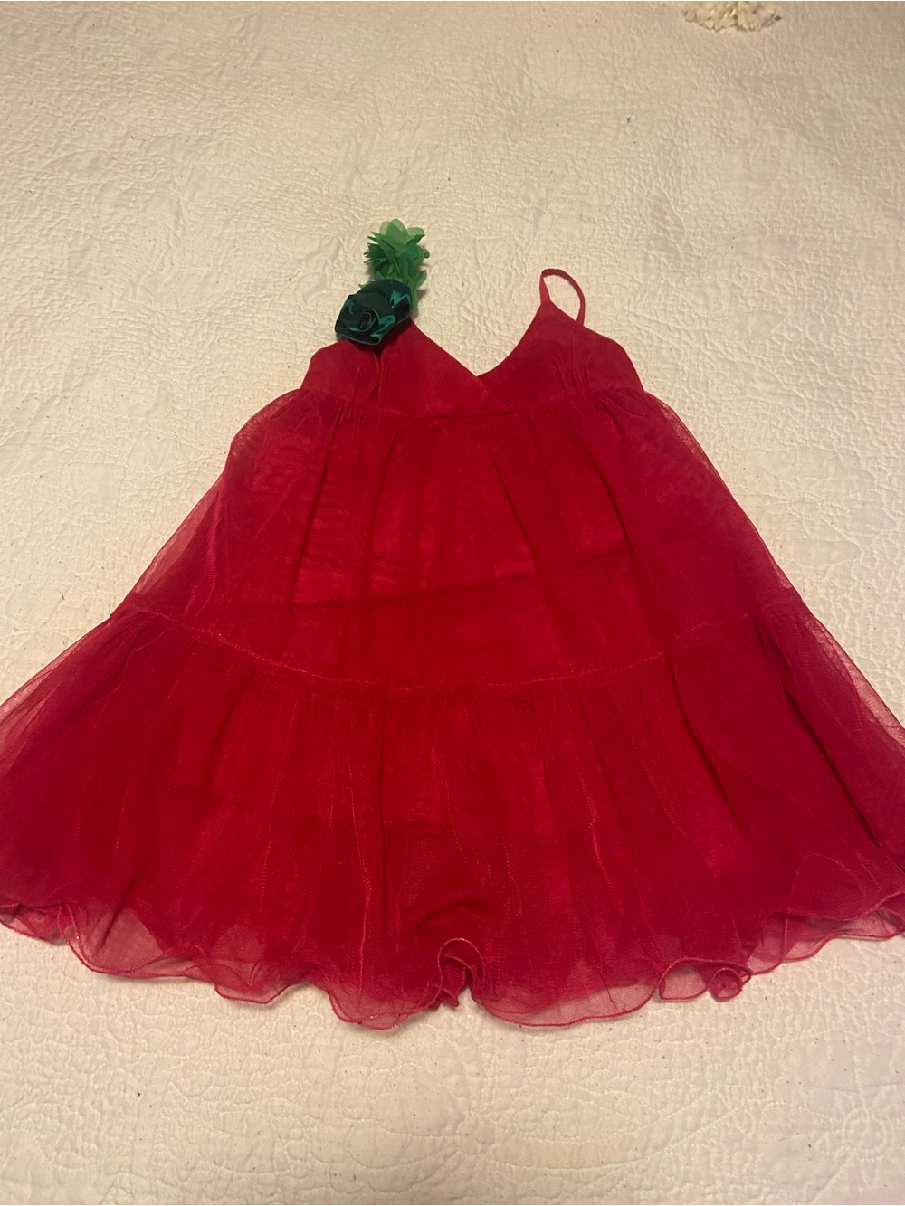 Hot pink Tulle Spaghetti Strap Dress with Green Floral Accent